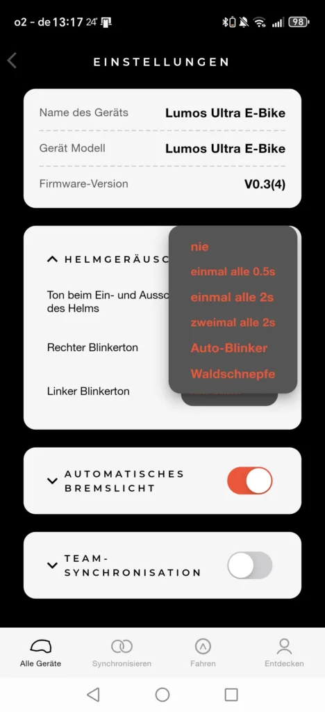 Lumos App - Einstellungen Blinker Töne oder Frequenz des Blinkens