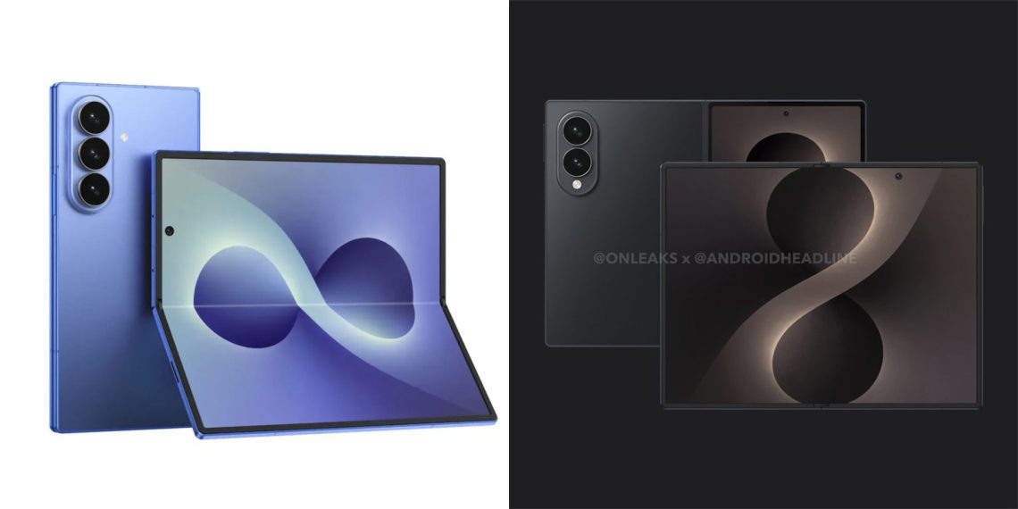 Renderbilder eines faltbaren Samsung Smartphones in Blau und Schwarz mit Triple-Kamera und großem Innendisplay